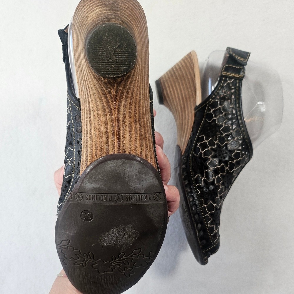 Pikolinos Black Leather Laser Cut Floral Wedge Sandals Peep Toe Boho size 38 - Picture 11 of 16